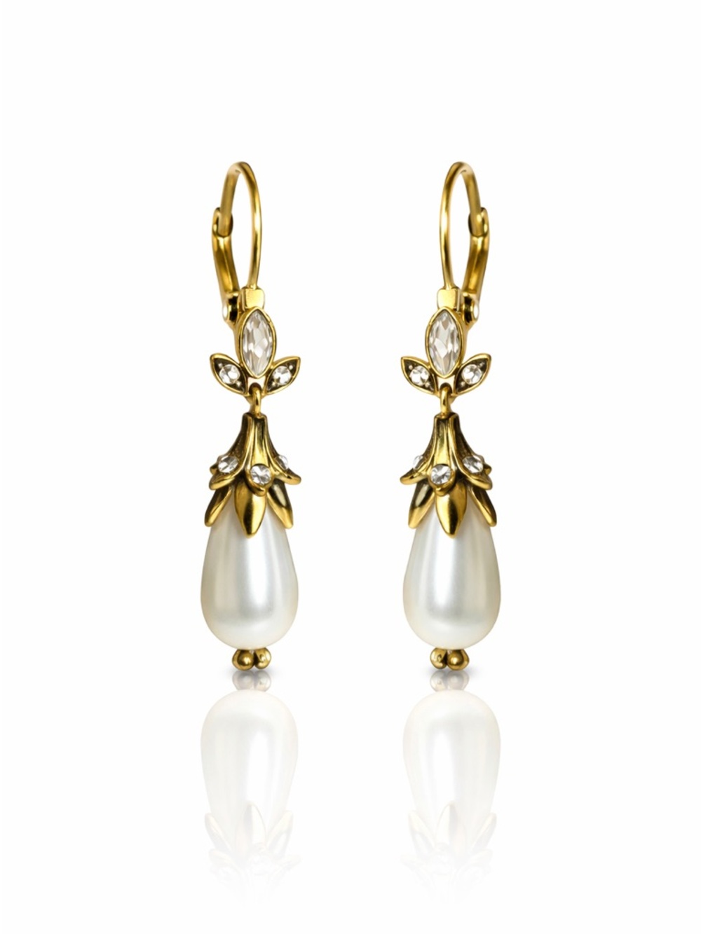 Gold and White Pearl Teardrop Dangle Earrings